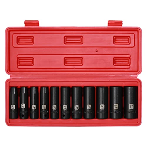 Mayouko 1/2" Drive Deep Impact SAE Socket Set, CR-V, 6 Point, 11 Pieces, 3/8-Inch to 1-Inch