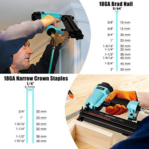 SHALL 18 Gauge Pneumatic Brad Nailer, 2 in 1, 18 GA Air Nail Gun and Crown Stapler, 800 Counts Brad Nails (1", 2") and Narrow Crown Staples (1", 1-1/2") Included, for DIY Project, Upholstery