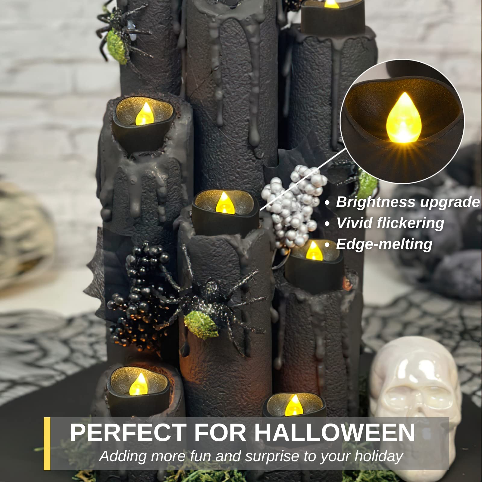 Homemory Black Tea Lights Candles Battery Operated, 12-Pack Flameless Votive Candles, 200+Hours Flickering LED Candles Colored Tealights Candles for Halloween, Holiday Decor, Theme Party, Table Decor