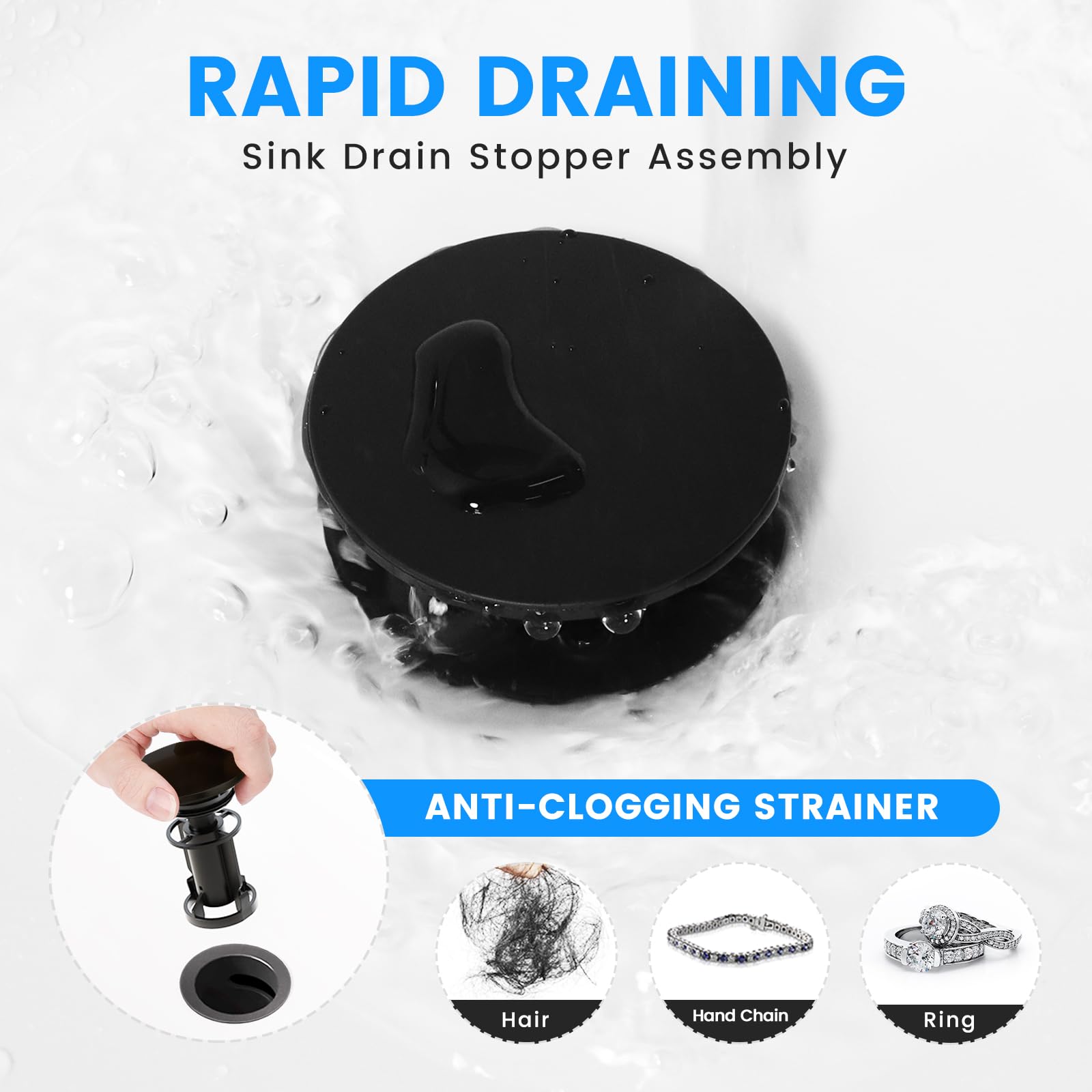 Bathroom Sink Drain with Overflow, Hurran Matte Black Universal Bathroom Sink Stopper for Bathroom Vanity Vessel Sink, Rapid Draining Plastic Pop-up Sink Drain with Hair Catcher Anti-Clog Strainer