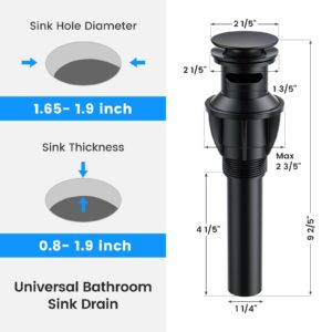 Bathroom Sink Drain with Overflow, Hurran Matte Black Universal Bathroom Sink Stopper for Bathroom Vanity Vessel Sink, Rapid Draining Plastic Pop-up Sink Drain with Hair Catcher Anti-Clog Strainer