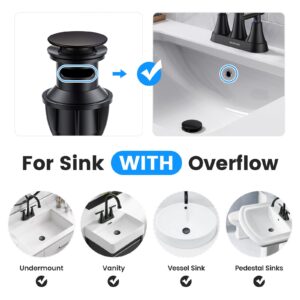 Bathroom Sink Drain with Overflow, Hurran Matte Black Universal Bathroom Sink Stopper for Bathroom Vanity Vessel Sink, Rapid Draining Plastic Pop-up Sink Drain with Hair Catcher Anti-Clog Strainer