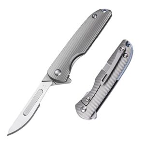 olitans t077 folding scalpel mini pocket knife with 10pcs #24 replaceable blade, cnc machined tc4 handles frame lock pocket clip, 1.02oz
