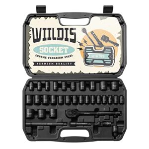 wiildis impact socket set, 33-piece, 3/8" drive socket set with 72 teeth reversible ratchet wrench, cr-v, 6 point, sae/metric, 5/16 inch - 7/8 inch, 6mm - 24mm, mechanic tool kits for men