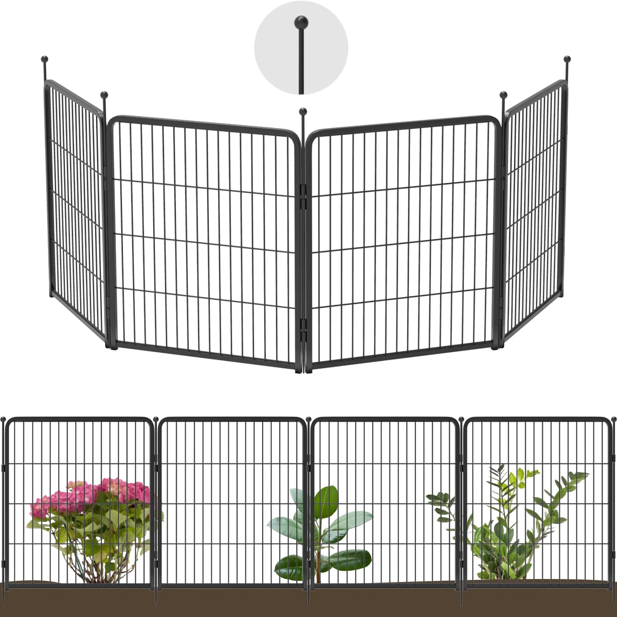 FXW Decorative Garden Metal Fence Temporary Animal Barrier for Yard, 4 Panels, 9'(L)×32"(H), Black