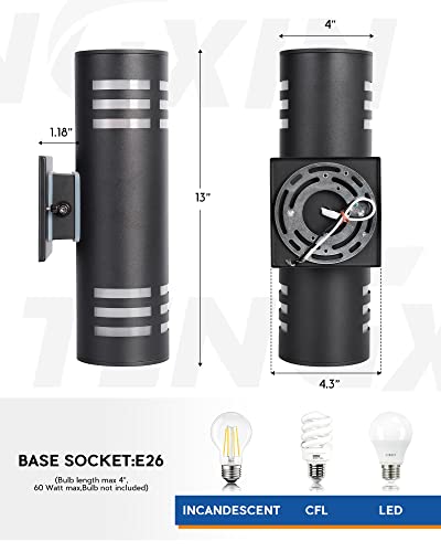 TENGXIN Outdoor Wall Light,Dusk to Dawn Modern Outdoor Wall Sconce with Stainless Steel Cylinder, Black Finish Wall Mount Light,E26 Socket,IP65 Waterproof,UL Listed.