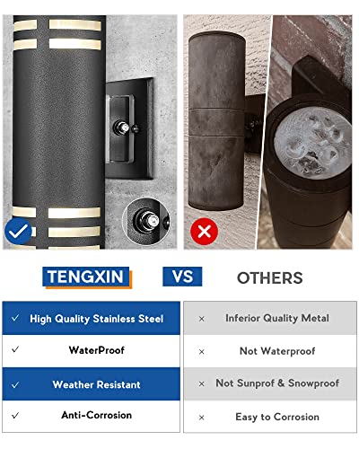 TENGXIN Outdoor Wall Light,Dusk to Dawn Modern Outdoor Wall Sconce with Stainless Steel Cylinder, Black Finish Wall Mount Light,E26 Socket,IP65 Waterproof,UL Listed.