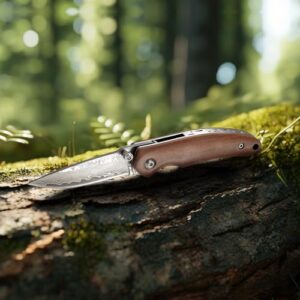 BARRYSAIL Damascus Small Pocket Knife, Folding Knife with 2.4 Inch Blade, Liner Lock, Wood Handle for EDC, Outdoor Camping, Survival