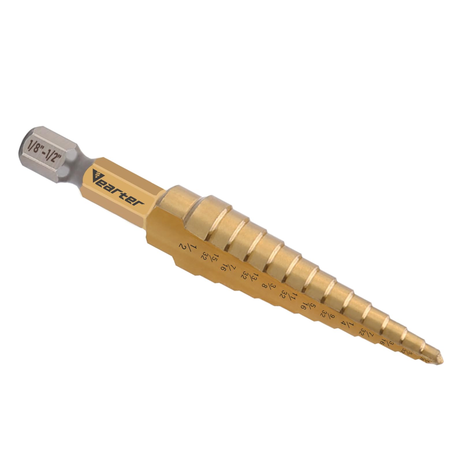 Vearter HSS Straight Groove Step Drill Bits, 1/8" - 1/2" Unibit 13 Steps M2 Material Titanium Coated Hex Shank for Drilling Holes in Stainless Steel Aluminium Sheet Metal Wood Plastic PVC