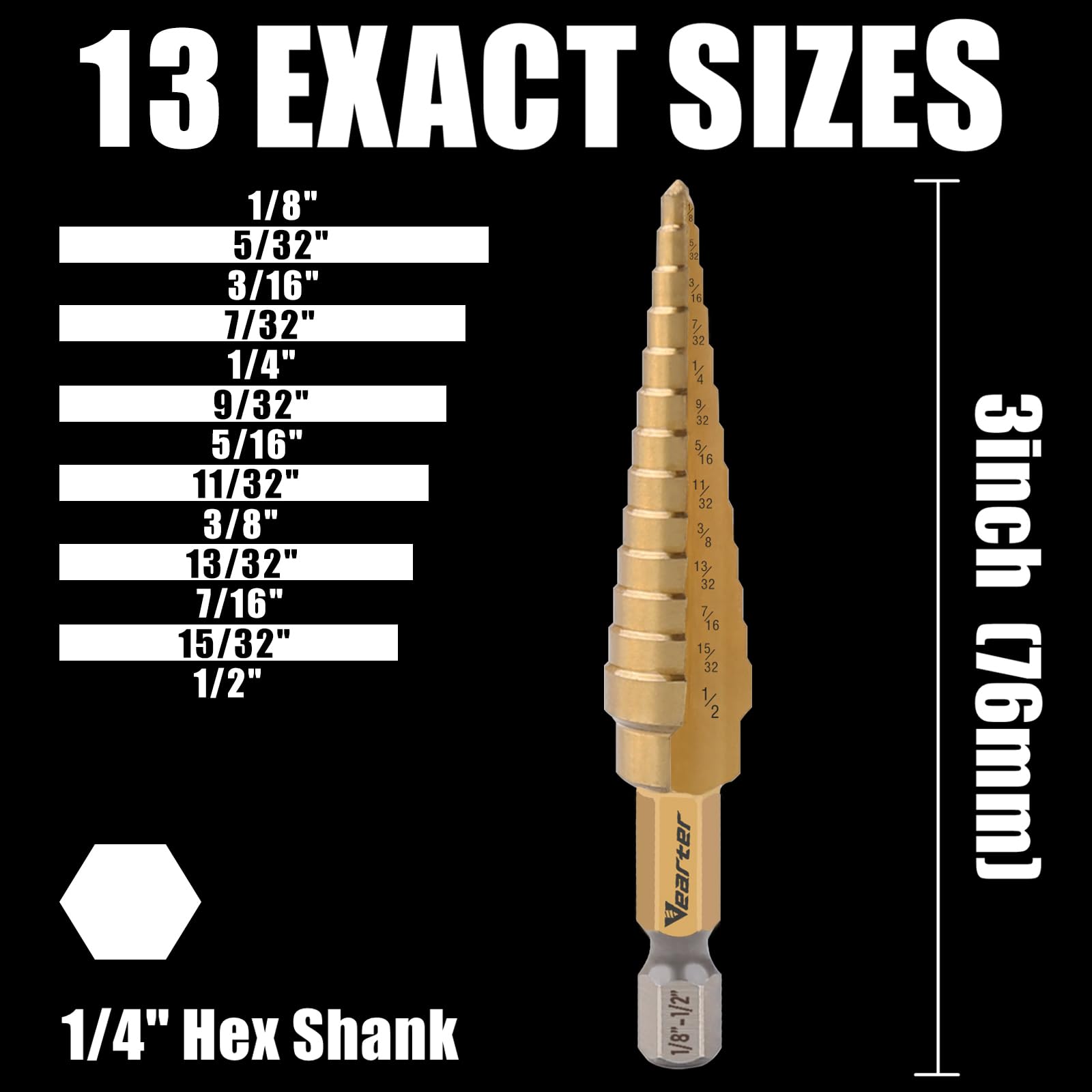 Vearter HSS Straight Groove Step Drill Bits, 1/8" - 1/2" Unibit 13 Steps M2 Material Titanium Coated Hex Shank for Drilling Holes in Stainless Steel Aluminium Sheet Metal Wood Plastic PVC