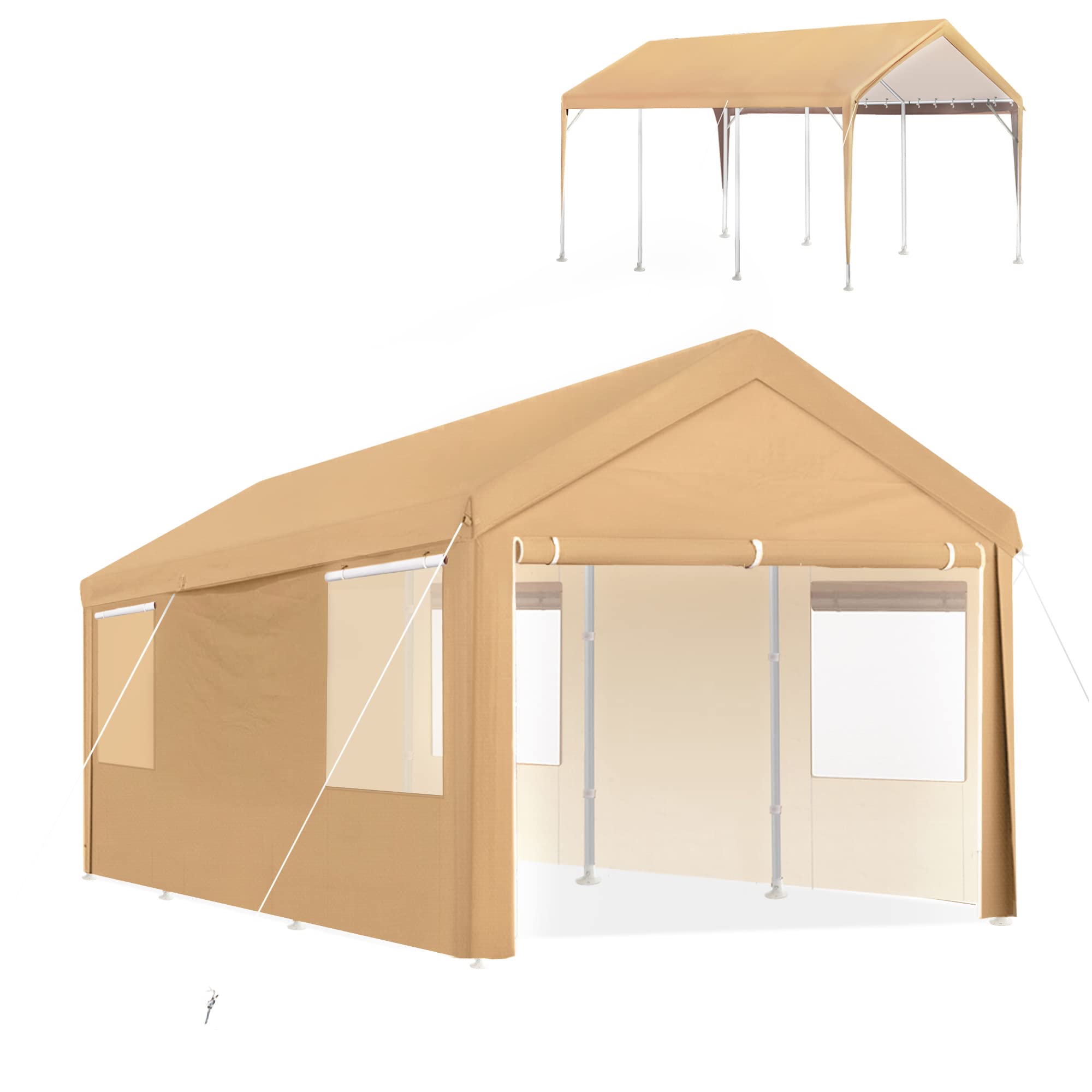 Carport Canopy 10x20 Heavy Duty Car Canopy with Removable Sidewalls Portable Carport Garage Tent Boat Shelter Market Stall, with 4 Windows Yellow