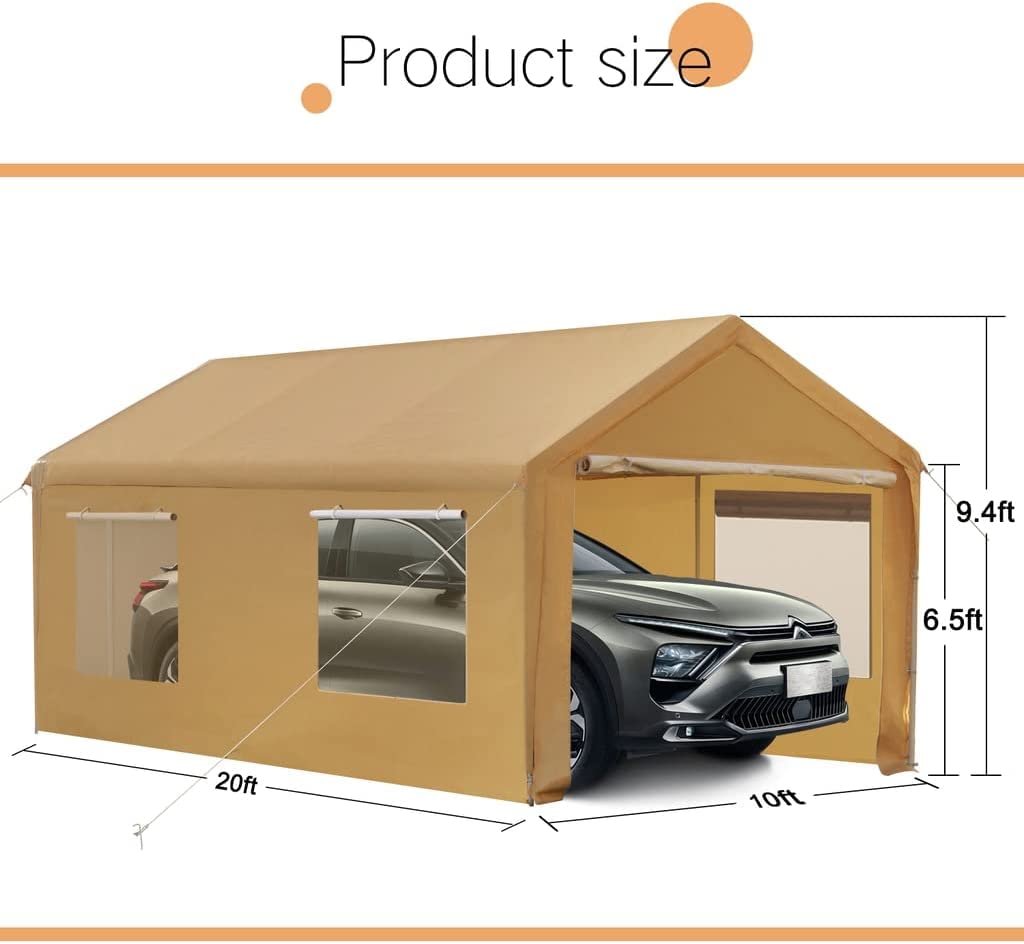 Carport Canopy 10x20 Heavy Duty Car Canopy with Removable Sidewalls Portable Carport Garage Tent Boat Shelter Market Stall, with 4 Windows Yellow