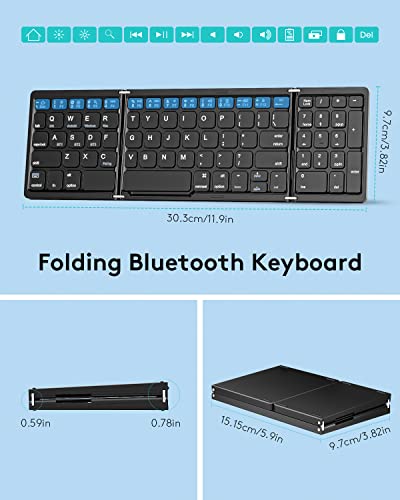 Samsers Multi-Device Foldable Bluetooth Keyboard with Numeric Keypad Rechargeable Wireless Keyboard (BT5.1 x 3) with Holder, Portable Pocket Folding Keyboard for iOS Android Windows Mac OS - Black