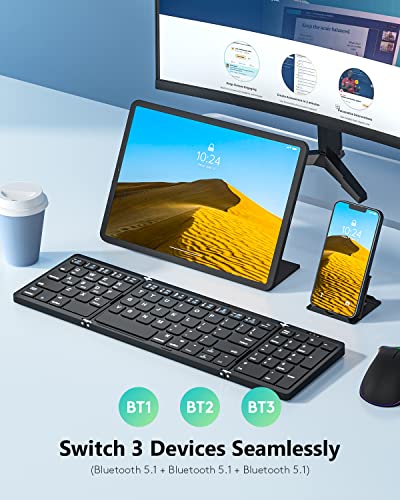 Samsers Multi-Device Foldable Bluetooth Keyboard with Numeric Keypad Rechargeable Wireless Keyboard (BT5.1 x 3) with Holder, Portable Pocket Folding Keyboard for iOS Android Windows Mac OS - Black