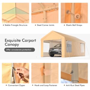 GYMAX Carport, 10x20ft Portable Garage with Roll-up Window, Removable Sidewall & Doors, Heavy Duty Metal Car Canopy for Truck, Boat, Automobiles, All Season Tent Shelter