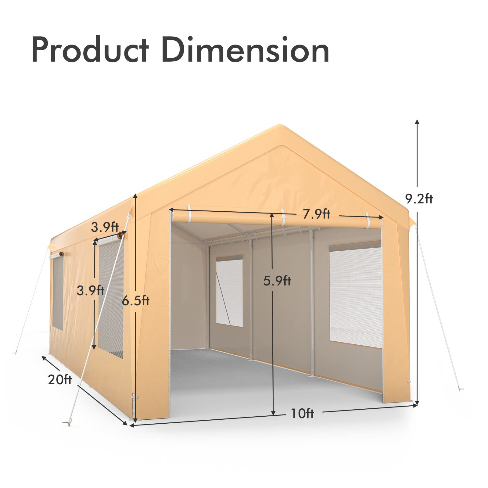 GYMAX Carport, 10x20ft Portable Garage with Roll-up Window, Removable Sidewall & Doors, Heavy Duty Metal Car Canopy for Truck, Boat, Automobiles, All Season Tent Shelter