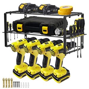power tool organizer, metal wall-mounted drill holder, storage rack for cordless drill 3 layers, removable heavy duty metal tool shelf for garage home workshop shed(holds 4 drills)
