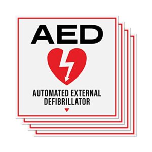 aed stickers 4-pack | automated external defibrillator red and white signs, durable self adhesive weatherproof vinyl decals, 4" x 4"