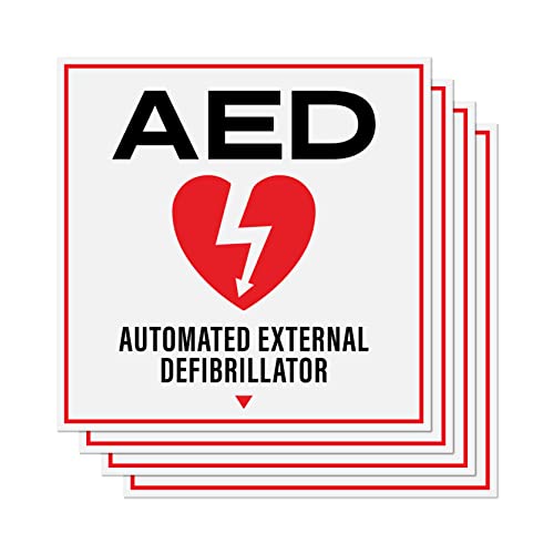 AED Stickers 4-Pack | Automated External Defibrillator Red and White Signs, Durable Self Adhesive Weatherproof Vinyl Decals, 4" x 4"