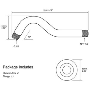 8 Inch S-Shape Curved Shower Arm with Flange Stainless Steel Shower Head Extension Replacement Pipe Arm,Wall Mounted,Brushed Nickel