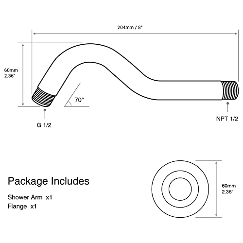 8 Inch S-Shape Curved Shower Arm with Flange Stainless Steel Shower Head Extension Replacement Pipe Arm,Wall Mounted,Brushed Nickel