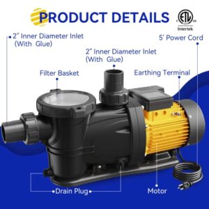 Acquaer 2 HP Pool Pump, 7860 GPH Above Ground Inground Swimming Pool Pump,115V High Flow Single Speed Self Priming Pool Pump with Strainer Basket