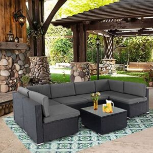 suncrown 7-piece outdoor patio furniture sofa set all-weather wicker sectional conversation set with modern glass coffee table and cushions (grey)