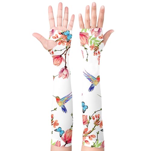 Gardening Sleeves with Thumb Hole Hummingbirds Arm Sleeves for Women Men White Sun Protection Garden Sleeves for Driving Sports One Size