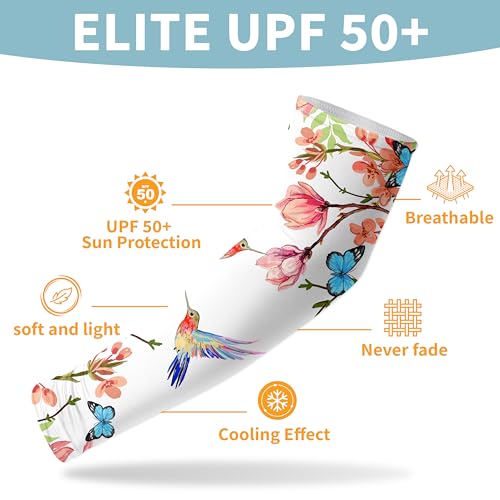 Gardening Sleeves with Thumb Hole Hummingbirds Arm Sleeves for Women Men White Sun Protection Garden Sleeves for Driving Sports One Size