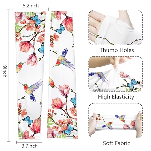 Gardening Sleeves with Thumb Hole Hummingbirds Arm Sleeves for Women Men White Sun Protection Garden Sleeves for Driving Sports One Size