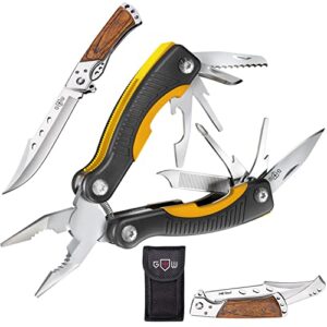 grand way bundle of 2 items hunting folding knife with rosewood handle - tactical edc pocket knife - foldable long blade pocket knife - mini multitool knife 12 in 1 - best gear accessory - gifts