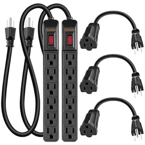2 ft power strip with 6 outlets,0.5 ft extension cord set,multiple protection plug extender,ul listed,600 joules,wall mountable for home office hotel travel