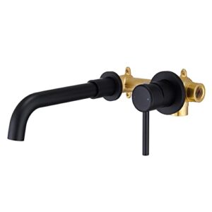 yardmonet wall mount bathroom faucet matte black, single handle wall mounted bathroom sink faucet, 360° swivel solid brass long spout, rough-in valve included