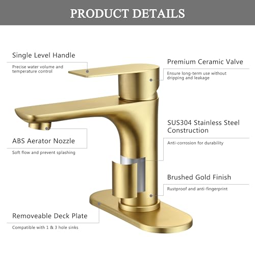 TONNY Brushed Gold Bathroom Faucet, Single Handle Gold Faucet for Bathroom Sink, Vanity Sink Faucet Bathroom 1 Hole with Pop Up Drain and Water Supply Hoses