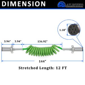 Ailbiuko 12ft 7 Way ABS Cord Coiled Electrical Power Cords Heavy Duty Green Coil Cable Power Wire for Semi Trucks Trailer Tractors