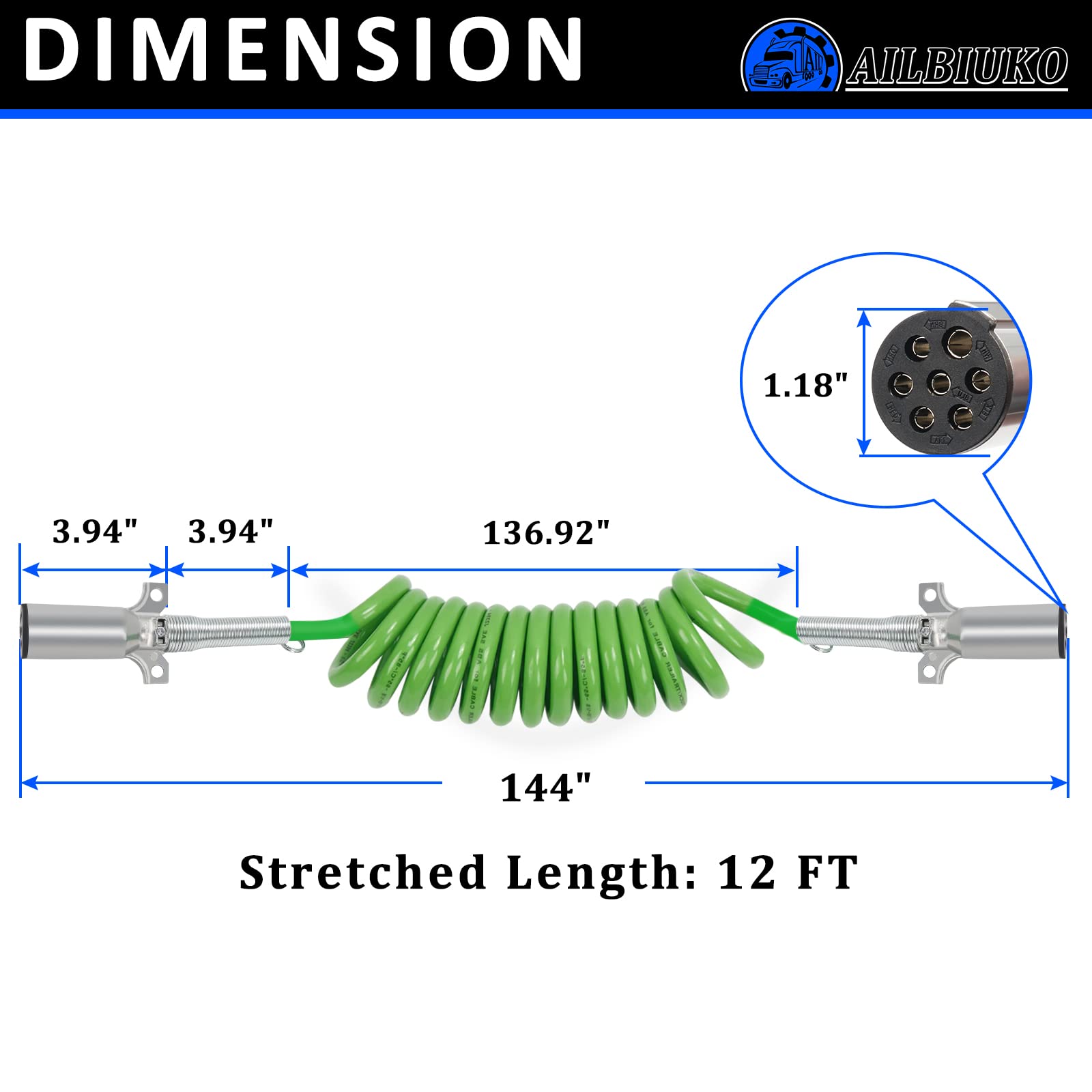 Ailbiuko 12ft 7 Way ABS Cord Coiled Electrical Power Cords Heavy Duty Green Coil Cable Power Wire for Semi Trucks Trailer Tractors