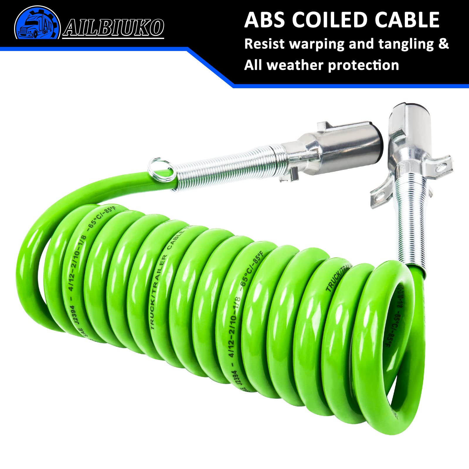 Ailbiuko 12ft 7 Way ABS Cord Coiled Electrical Power Cords Heavy Duty Green Coil Cable Power Wire for Semi Trucks Trailer Tractors