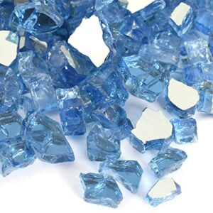 hokpa reflective tempered fire glass 1lb, blue crushed glass fire pit glass fire gems chips for fire pit patio fireplace decoration vase filler