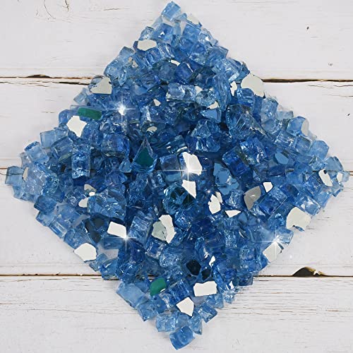 HOKPA Reflective Tempered Fire Glass 1lb, Blue Crushed Glass Fire Pit Glass Fire Gems Chips for Fire Pit Patio Fireplace Decoration Vase Filler