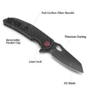 SENNILOX Folding Pocket Knife,3.26" D2 Blade,Full Carbon Fiber Handle,Titanium Coating,Unique Tool Gift for Men Women