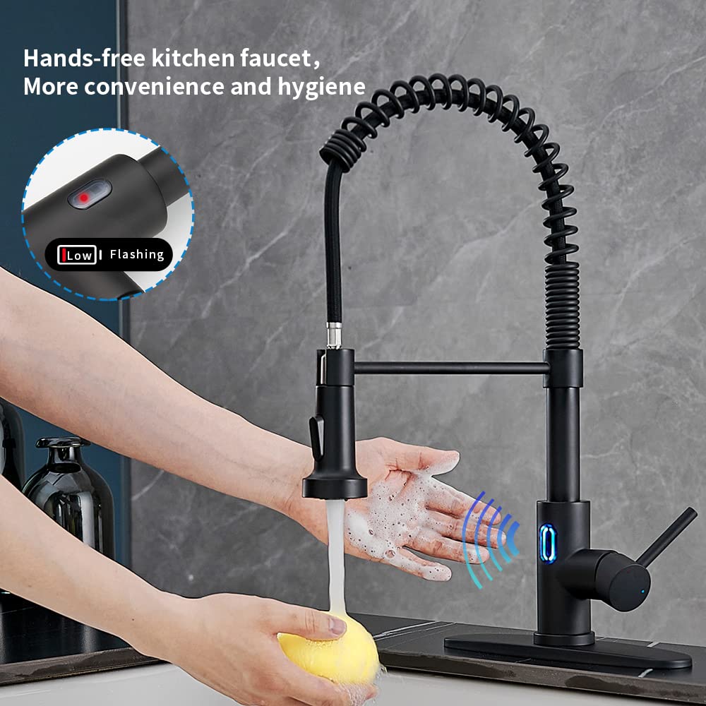 Black Touchless Kitchen Faucet with Pull Down Sprayer, WOTOKOL LED Light Smart Hands-Free Single Handle Kitchen Sink Faucet Motion Sensor Stainless Steel