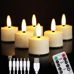 led rechargeable tea lights candles with remote, 6 pcs battery operated tealights with flickering flame, usb charging cable, timer votive candles for wedding decor christmas party