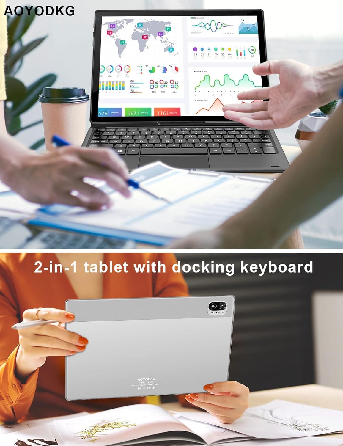 AOYODKG Tablet with Keyboard, 2 in 1 Tablet 10 Inch 10GB RAM + 64GB ROM with 5G WiFi, Android Tablet HD IPS, Octa-Core 2.0Ghz, 5MP + 8MP Camera, Bluetooth, 6000mAh, GPS, 1TB Expand - Silver