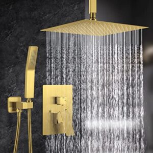 NERDON Shower System, 12 Inch Brushed Gold High Pressure Shower Head with Rain Handheld Combo Set, Ceiling Mounted Dual Shower Head System, Bathroom Shower Faucet Set Rough-in Valve Body and Trim