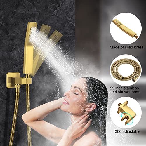 NERDON Shower System, 12 Inch Brushed Gold High Pressure Shower Head with Rain Handheld Combo Set, Ceiling Mounted Dual Shower Head System, Bathroom Shower Faucet Set Rough-in Valve Body and Trim