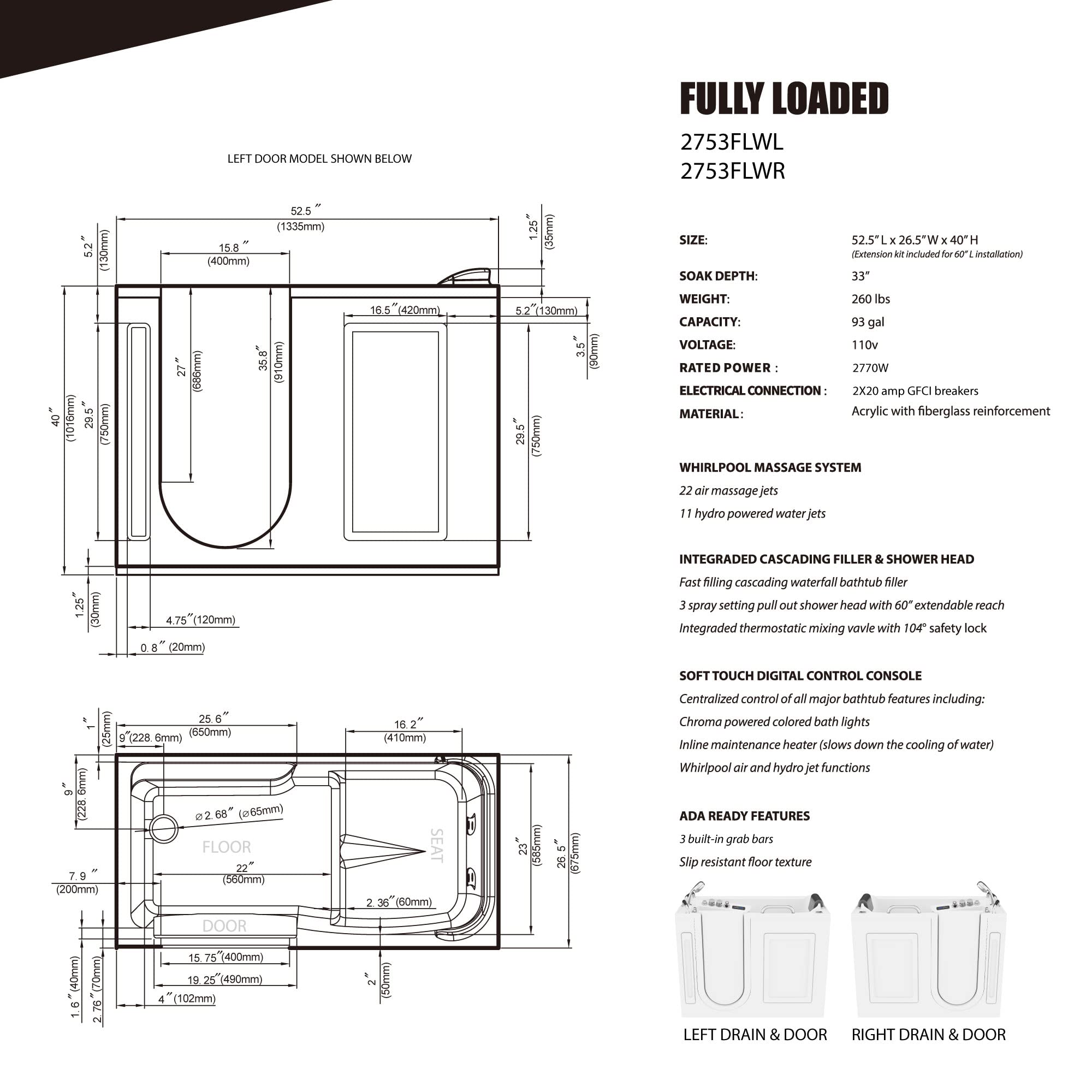 ANZZI Walk In Tub 53" x 27'' Right Drain Fully Loaded Tub, Air Jets & Whirlpool Massage Jets Hot Tub, Quick Fill, 6 Setting Handheld Shower Sprayer, Aromatherapy, Bath Pillow, LED Light - 2753FLWR