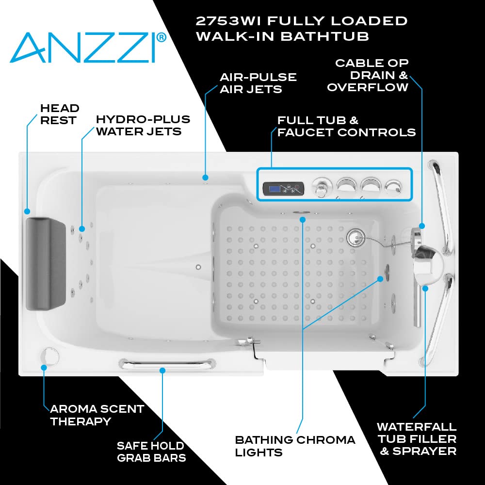 ANZZI Walk In Tub 53" x 27'' Right Drain Fully Loaded Tub, Air Jets & Whirlpool Massage Jets Hot Tub, Quick Fill, 6 Setting Handheld Shower Sprayer, Aromatherapy, Bath Pillow, LED Light - 2753FLWR