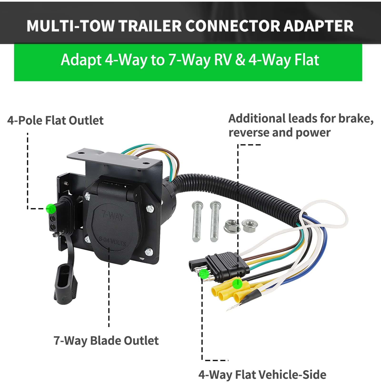 MECMO Multi-Tow 4-Way Flat to 7-Way RV Blade and 4-Way Flat Female End Trailer Wiring Adapter Connector Kit, 4 Pin Vehicle-Side Trailer Light Plug to Dual-output 7 Blade & 4 Flat with Mounting Bracket