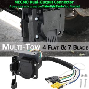 MECMO Multi-Tow 4-Way Flat to 7-Way RV Blade and 4-Way Flat Female End Trailer Wiring Adapter Connector Kit, 4 Pin Vehicle-Side Trailer Light Plug to Dual-output 7 Blade & 4 Flat with Mounting Bracket