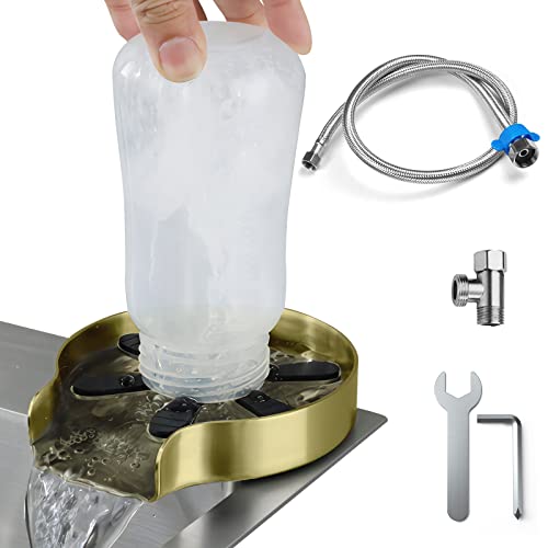 Glass Rinser for Kitchen Sink, Saparlo 6-Leaf Removable Stainless Steel Cup Washer, Bottle Washer, Quick Rinser for Baby Bottle, Kitchen Sink Automatic Flushing Device for Bar Sink, Brush Gold